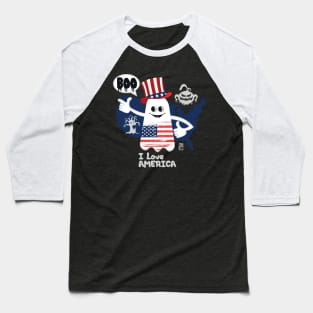 BOO GHOST with American flag "I love America" - cute Halloween Baseball T-Shirt